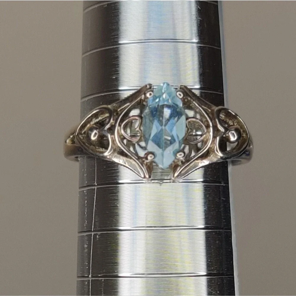 Sterling Silver 925 Blue Oval Topaz December Birthstone Ring Double Heart Size 7